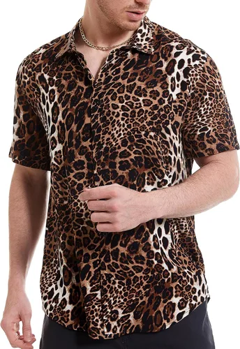 Vista 5 de Camisas de discoteca con estampado de leopardo para hombre, camisa casual de manga corta con botones