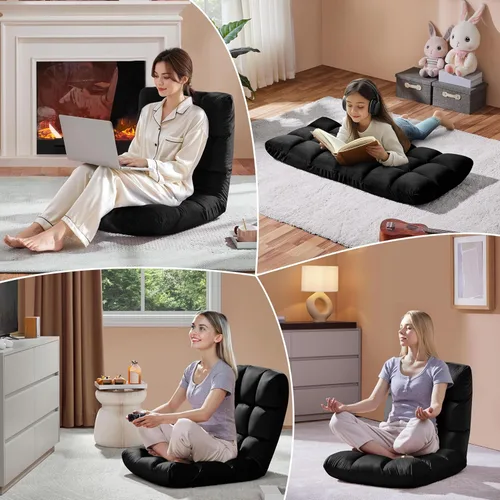 Vista 5 de Yaheetech Silla de piso, silla de meditación con soporte de espalda, tumbona de piso para juegos con 14 posiciones ajustables para adultos