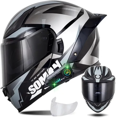 Vista 12 de Casco modular de motocicleta con Bluetooth, casco de motocicleta abatible de cara completa para hombres y mujeres con visera tintada y transparente