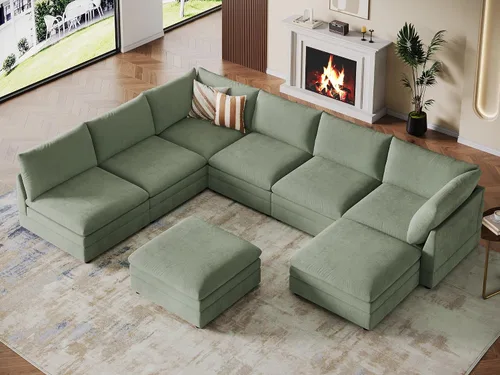 Vista 25 de VANOMi Sofá modular modular en forma de L de 98 pulgadas con otomana Beige
