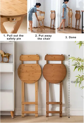 Vista 2 de Taburete plegable de bambú natural, silla de madera plegable portátil, taburete de altura de encimera de cocina con respaldo y reposapiés, taburetes