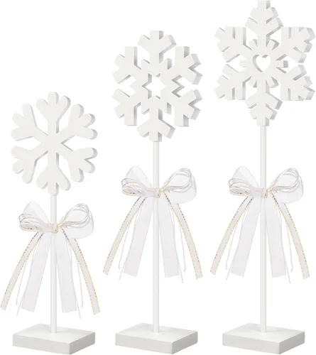 Vista 7 de Blulu 3 piezas de decoración de copo de nieve de madera de Navidad de color blanco de pie de invierno, decoración de Navidad para accesorios