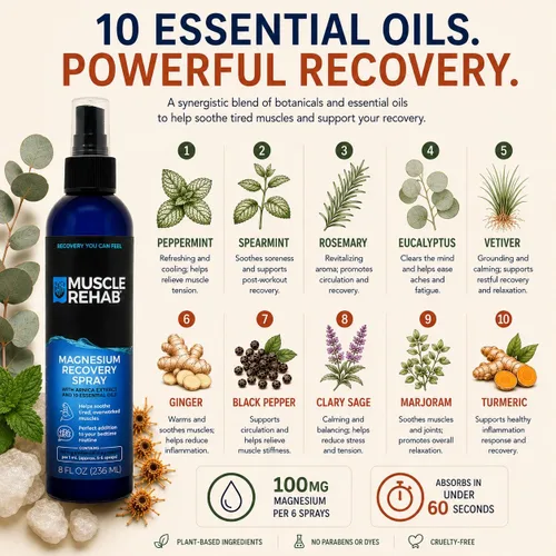 Vista 2 de Muscle Rehab 2oz Magnesium Spray - Pure Zechstein Oil & Arnica Recovery Rapidly absorbing Zechstein magnesium spray with Arnica for targeted