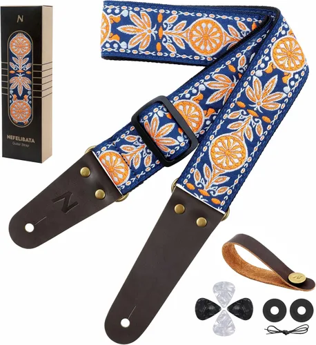 Vista 10 de Nefelibata Correa de guitarra, correas de guitarra de algodón bordadas con extremos de cuero de vaca para bajo, guitarras eléctricas y acústicas