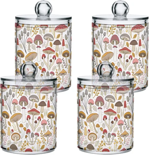 Vista 2 de Paquete de 2 tarros de boticario para baño, coloridos setas, dispensador de plástico transparente con tapa para bolas de algodón, hisopo de algodón