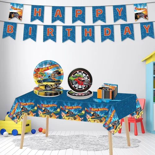 Vista 7 de 98 piezas de suministros de fiesta de cumpleaños de coches de carreras, platos y servilletas de papel rectangular de plástico mantel de carreras
