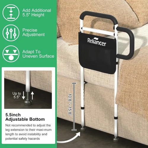 Vista 5 de RELIANCER Barandilla de seguridad para cama para adultos mayores con pata de apoyo, barra de apoyo de asistencia de doble asa para personas mayores