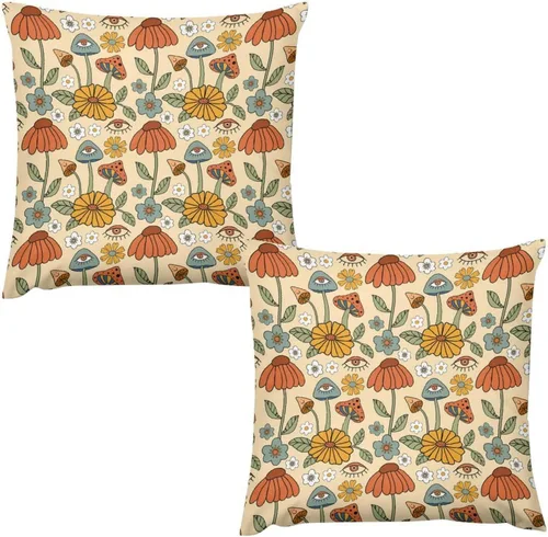 Vista 32 de Juego de 2 fundas de almohada florales retro de los años 70, Groovy Funky Hippie Flor Naranja Estética Boho Fundas de Almohada de 16 x 16 pulgadas