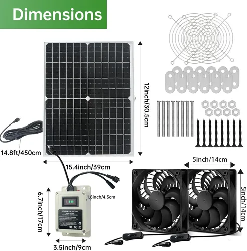 Vista 3 de Ventilador solar para gallinero con batería de 25 W, ventilador de escape alimentado por panel solar con cable de interruptor de encendido/apagado