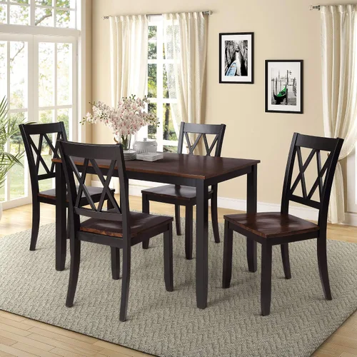 Vista 2 de Juego de mesa de comedor de 5 piezas para 4 personas, mesa rectangular y 4 sillas para cocina, comedor, familia y apartamento, patas de madera