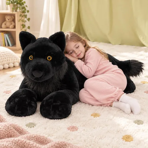 Vista 2 de MaoGoLan Peluche de lobo negro, lobo gigante de peluche para niños, 47 Almohada grande y realista de lobo coyote, extra suave, decoración