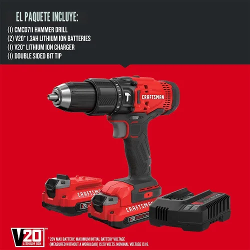 Vista 3 de CRAFTSMAN V20 Kit de taladro de martillo inalámbrico, 1/2 pulgada, 2 baterías y cargador incluidos (CMCD711C2)