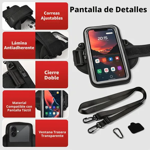 Vista 7 de Soporte para teléfono para correr, caminar y entrenar, brazalete para teléfono celular con mosquetón, bolsa cruzada transparente para teléfono