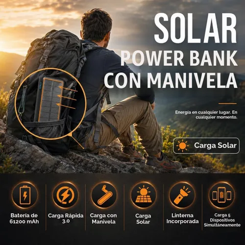 Vista 2 de ReeZar Cargador solar de 61200 mAh, manivela de mano integrada y 4 cables PD 15 W QC3.0 de carga rápida, entrada y salida tipo C, linterna