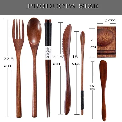 Vista 3 de Utensilios de madera reutilizables para comer, 8 piezas de cucharas de madera de viaje, tenedores, palillos, juego de cubiertos con estuche