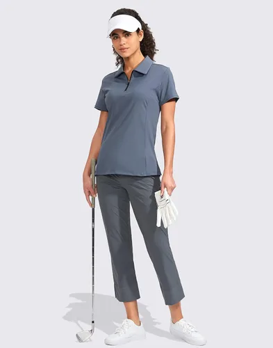 Vista 7 de Viodia Camisa de golf para mujer, manga corta, con cremallera, de secado rápido, elástica, con cuello de tenis, ropa de golf