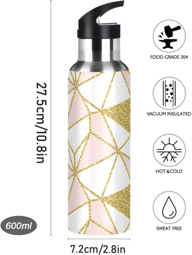 Vista 9 de Stainless Steel Vacuum Insulated Water Bottle 20 Oz, Leakproof Water Bottles for Gym Outdoor Travel School, Geometric Gold Triangles