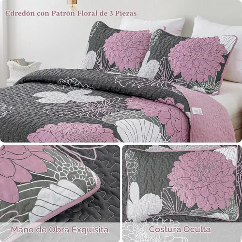 Vista 2 de Anibedding Juego de edredón floral gris y rosa, tamaño Queen, 3 piezas Gris/Rosa