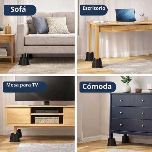 Vista 4 de Elevadores de cama resistentes de 4 pulgadas – Juego de 9 elevadores de muebles ajustables para camas, sofás, mesas y sillas – Soporta hasta 1500