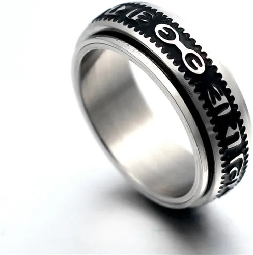Vista 2 de JAJAFOOK - Anillo de acero inoxidable tibetano budista seis verdadera sílaba mantra sánscrito Om Mani Padme hum Spinner