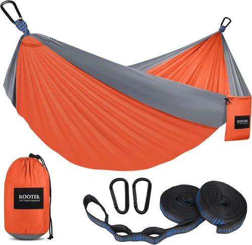 Vista 17 de Kootek - Hamaca portátil doble e individual con 2 correas para árboles, de nailon ligero de paracaídas para mochileros, viajes, playa, patio, Negro