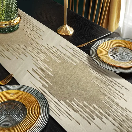 Vista 5 de Caminos de mesa bordados beige de 13 x 72 pulgadas de largo con borlas de lujo, líneas geométricas abstractas modernas para decoración del hogar