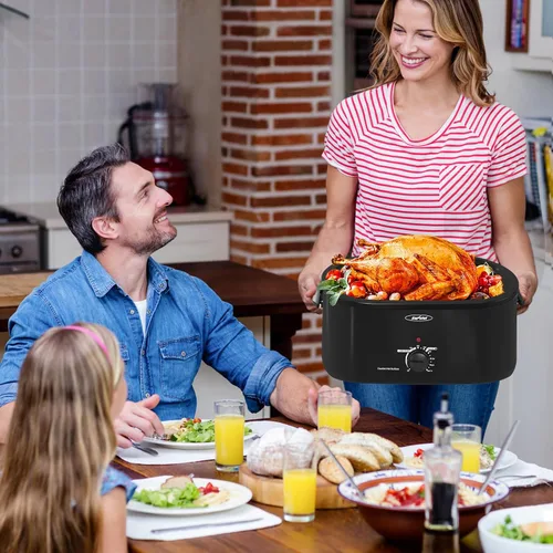 Vista 7 de Sunvivi Horno Asador Eléctrico de 22 Cuartos para Pavo con Tapa, Asadores Eléctricos con Bandeja Extraíble, Asador Grande, Tapa Visible