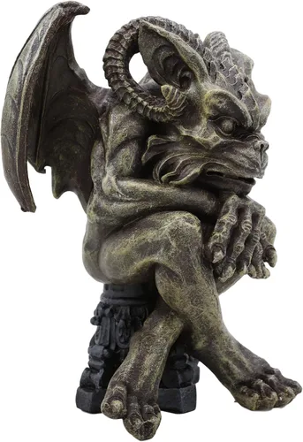 Vista 5 de Ebros Gift Gárgola con cuernos de carnero alado sentado en la catedral, estatua de pedestal de 6 pulgadas de alto, Osario de fantasía oscura