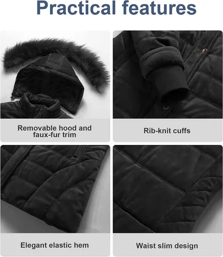 Vista 6 de Chrisuno Abrigo de invierno cálido para mujer, chaqueta acolchada de terciopelo con capucha de piel sintética acolchada