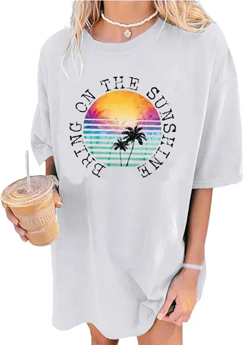 Vista 4 de Camiseta de gran tamaño con estampado de palmeras para mujer, estilo tropical, hawaiano, playero Negro