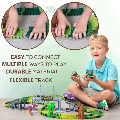 Vista 7 de TOYLI Juego de pista de carreras de dinosaurios de 182 piezas, pista de dinosaurio flexible con puente, rampas, juguete de pista de dinosaurios es