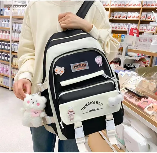 Vista 3 de Juego de mochila Kawaii de 5 piezas, bonita mochila escolar estética, suministros juveniles, conjunto de mochila y accesorios, Negro Schoolbag8