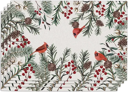 Vista 7 de Seliem Winter Birds - Juego de 4 manteles individuales de PVC, diseño vintage de cardenal con ramas de bayas rojas, manteles individuales de vinilo