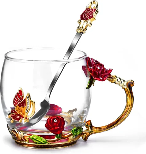 Vista 9 de OEAGO Regalos para tía de sobrina y sobrino Taza de té Regalo genial de cumpleaños Esmalte Flores Vasos de vidrio Tazas de Navidad Día de las Madres