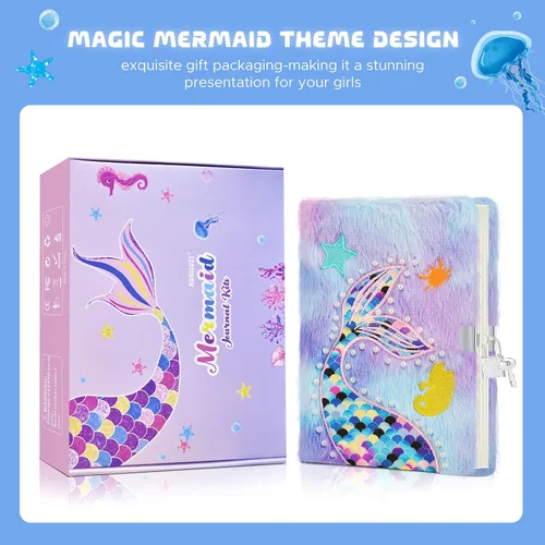 Vista 3 de homicozy Diario de sirena para niñas con cerradura y llaves, diario esponjoso tie-dye para niños con 160 páginas rayadas, cuaderno secreto mullido