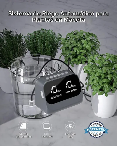 Vista 2 de Riego automático para plantas en maceta, utilizando un temporizador programable inteligente, cuenta con una pantalla LED impermeable, una batería