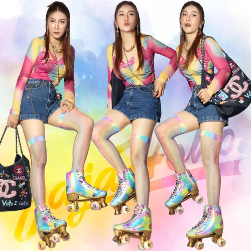 Vista 4 de JajaHoho Patines de ruedas para mujer, patines holográficos de alta calidad de piel sintética, patines brillantes de doble fila con cuatro ruedas
