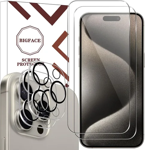 Vista 8 de BIGFACE Protector de pantalla compatible con iPhone 15 Pro + protectores de lente de cámara, [2 + 2 unidades] de vidrio templado transparente HD