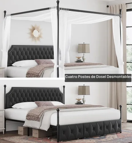 Vista 4 de Keyluv Marco de cama con dosel tapizado tamaño King con 3 cajones y cabecero capitonado con botones, cama de plataforma de metal con 4 postes Gris