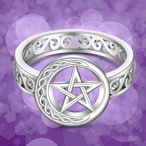 Vista 9 de Talonior Anillo de pentagrama con pentáculo para mujer, nudo celta, luna creciente, bruja, wicca, anillos paganos, plata de ley, amuleto, estrella