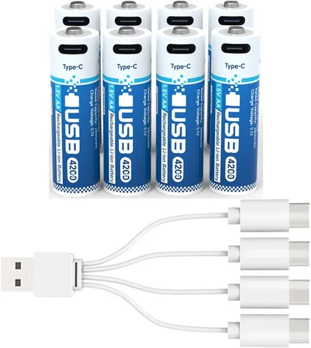 Vista 10 de Paquete de 4 baterías recargables de litio AA, batería doble AA de 1.5 V 4200 mWh con cable de carga USB-C, más de 2000 ciclos, carga rápida