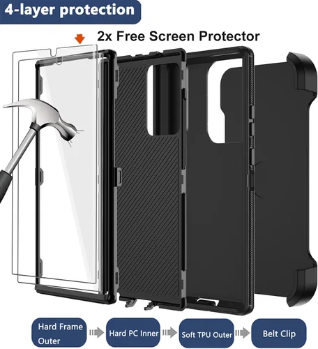 Vista 3 de Funda para Galaxy Note 20 Ultra con funda de clip para cinturón, 2 protectores de pantalla, grado militar, cuerpo completo, resistente, a prueba