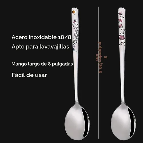 Vista 7 de Cucharas de sopa coreanas, cucharadas de acero inoxidable 18/8 con mango largo de 8 pulgadas, cucharadas de metal asiático, juego de 4 (flores)
