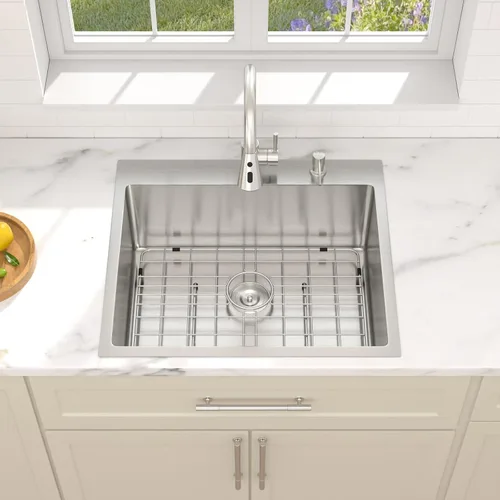 Vista 9 de Dcolora Fregadero de cocina empotrado de 25 pulgadas con grifo, fregadero pequeño de acero inoxidable de sobreponer, fregaderos de preparación