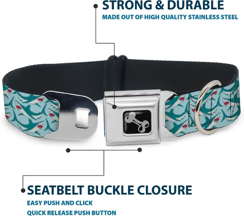 Vista 4 de Collar de perro hebilla de cinturón de seguridad tiburón 3 filas azul claro 9 a 15 pulgadas 1.0 pulgadas de ancho, multicolor Shark Rows Light