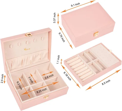 Vista 6 de Voova - Joyero organizador para mujeres y niñas, 2 capas de almacenamiento de joyas grandes para hombres, soporte para joyas de piel sintética