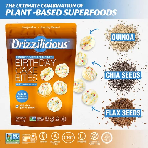 Vista 3 de Drizzilicious Mini Tortas de Arroz Sabor Pastel de Cumpleaños - Crujientes de Arroz, Aperitivo Saludable para Adultos y Niños, Tortas de Arroz
