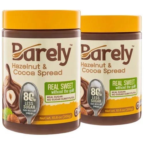 Vista 8 de Barely Crema de cacao con avellana, bajo en azúcar, vegano y keto Real sugar micromilled 10x sweeter — just 3.2g sugar per serving. Vegan