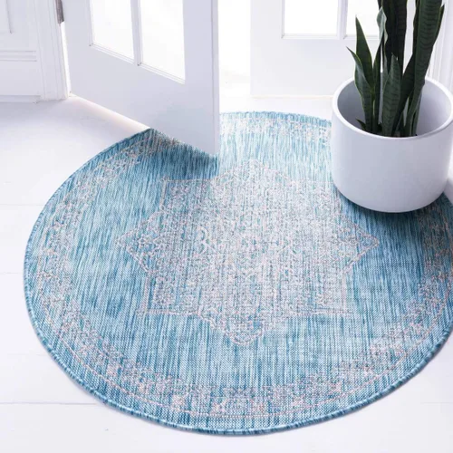 Vista 46 de Unique Loom Alfombra de la colección tradicional para exteriores, antigua (4 pies 1 pulgada, redonda, verde azulado/gris)