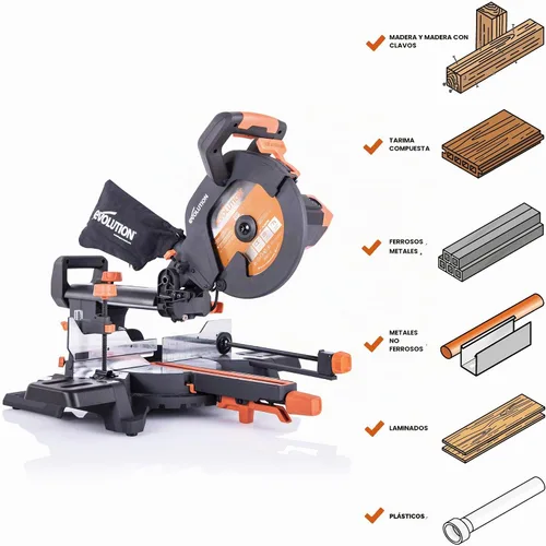 Vista 2 de Sierra de inglete deslizante Evolution Power Tools R255SMS+ PLUS de 10 pulgadas multimaterial multipropósito para cortar metal, plástico, madera